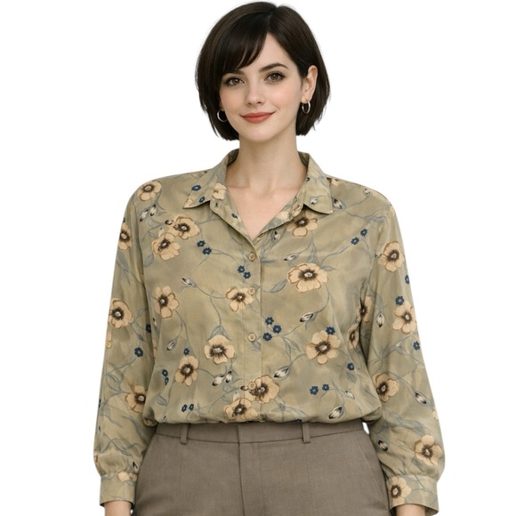 Naji Ahdoot Tops - Naji Ahdoot Women Top Light Olive Floral Button-Up Blouse Long Sleeve Size XL